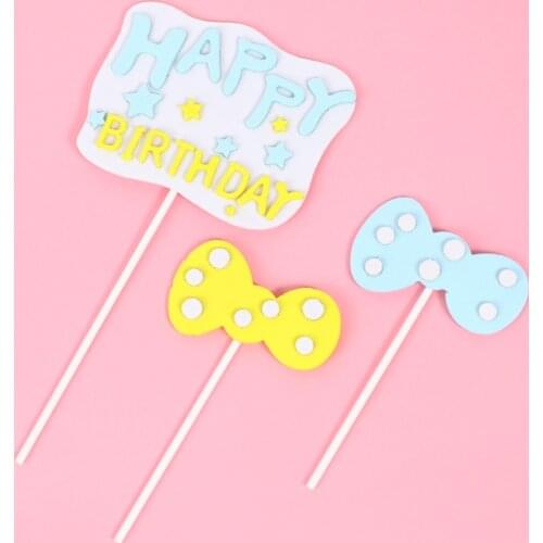 2pcs/set Bow Purple Pink Girl Boy Happy Birthday Children Cake Topper Decoration for Party Supplies Baking Lovely Gifts