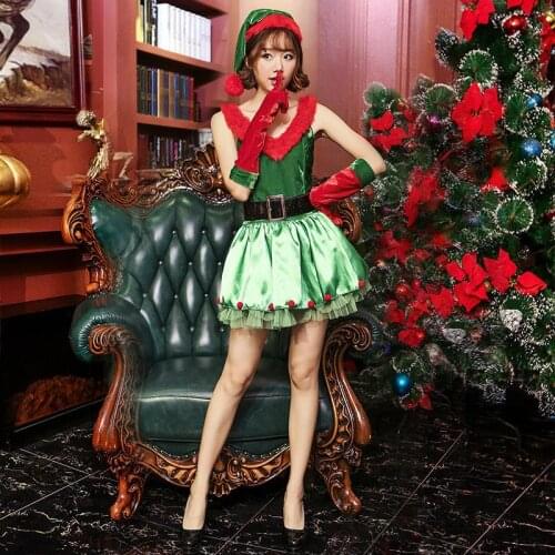 Woman Sexy V-Neck Sleeveless Dress Christmas Tress Dresses Green Hat Mini Dress Gloves 3 pcs Set Christmas Elf Cosplay Costume