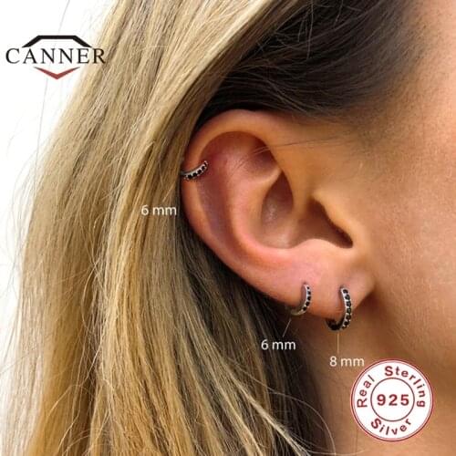 CANNER 6/8 mm Real 925 Sterling Silver Hoop Earrings for Women Black Zircon Bohemian Piercing Earings Round Earring Jewelry