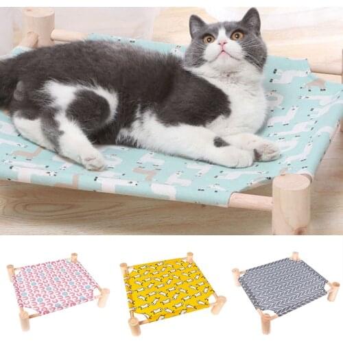 Wooden Elevated Cat Bed House Cats Hammocks Beds Wood Canvas dog Lounge Bed For Small Dogs Rabbit Puppy Durable Canvas Pet House