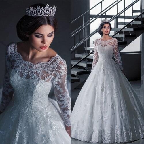 Princess Lace Long Sleeve bridal Gown Scoop Gelinlik 2018 Brides Robe de Mariage Vestido de Noiva mother of the bride dresses