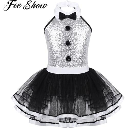 Teenager Girls Sleeveless Shiny Sequins Ballet Dancer Gymnastics Leotard Mesh Tutu Dress Practice Modern Dance Costume Dancewear