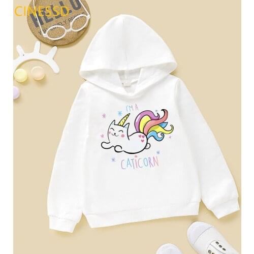 Harajuku Kawaii Cat Unicorn Sweatshirt Childrens Hoodie For Teen Girls 2021 Spring Autumn Winter Clothes White Pink Yellow Tops