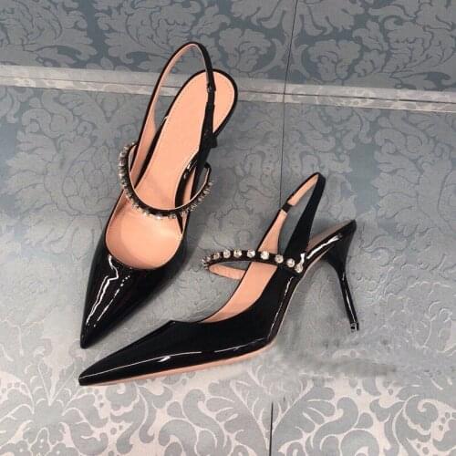 Med Heel Sandal Mules Slippers Ladies Pointed Toe Crystal Buckle Outside Sandals Shoes Women Casual Summer Shoes