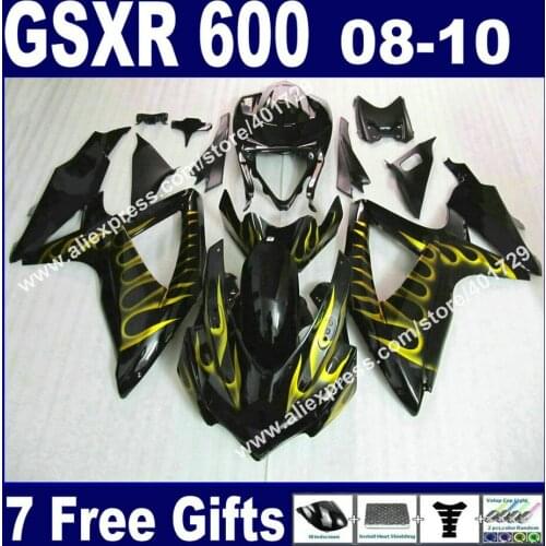 Brand new Fairings 2008 2009 2010 for SUZUKI GSXR 600 750 K8 08 09 10 glossy black yellow flames GSXR600 GSXR750 kit 7 gift PK69