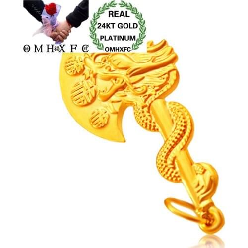 OMHXFC Wholesale European Fashion Woman Man Unisex Party Birthday Wedding Gift Dragon Hatchet 24KT Real Gold Charm Pendant PN195