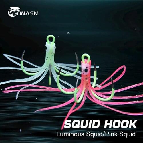 ONASN Simulation Luminous Squid Hooks Sea Fishing Metal Jig Baits Fishing Lure Glow Night Quadruple Hook Fluorescent Fishhooks