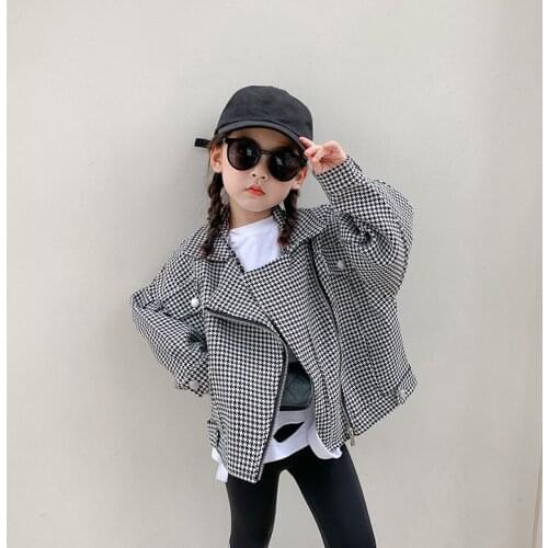 Autumn Girls Jacket Korean Kid Clothes Zipper Suit Collar ChildrenS Coat Plaid Puff Sleeve Long Sleeve Cardigan Clip Overcoming