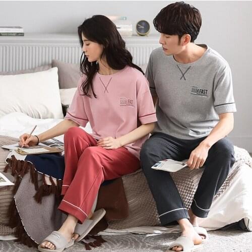 Couple Pajamas Women Spring And Summer Cotton Short Sleeve Plus Fat Plus Plus Size Mens Homewear Letter Simple Lovers Sleewpear