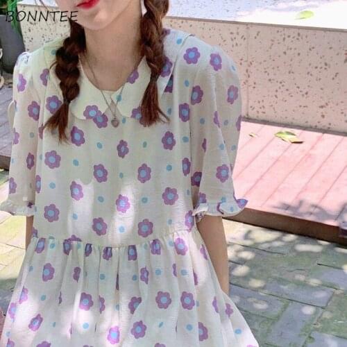Dress Women Japan Style Summer Peter Pan Collar Party Lady Trendy Harajuku Floral Clothe Empire Loose Ruffles All-match Lace-up