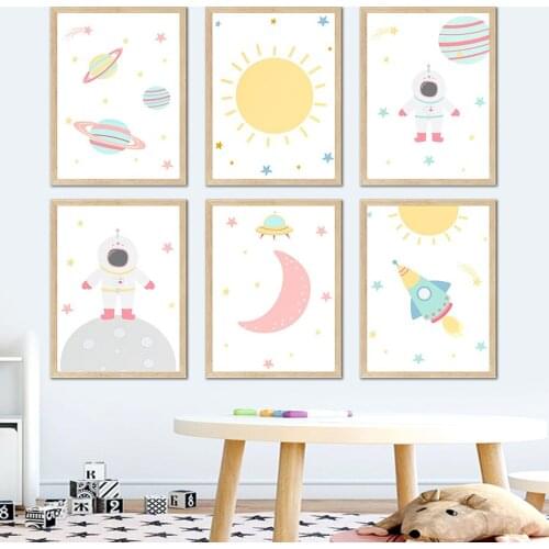 Space Astronaut Rocket Planet Sun Moon Cartoon Wall Art Canvas Painting Nordic Posters And Prints Wall Pictures Child Room Decor