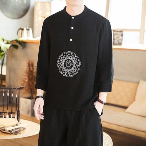 White Lotus Embroidered Stand Collar Oriental Mens Clothing Large Sizes Traditional Chinese Style Vintage Blouse Black Red Tops