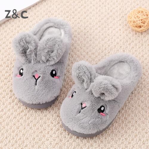 Cute Cartoon Girl Slippers Boy Non-Slip Velvet Warm Room Home Princess Baby Rabbit Shoes Winter Furry Slides for Kids 2020