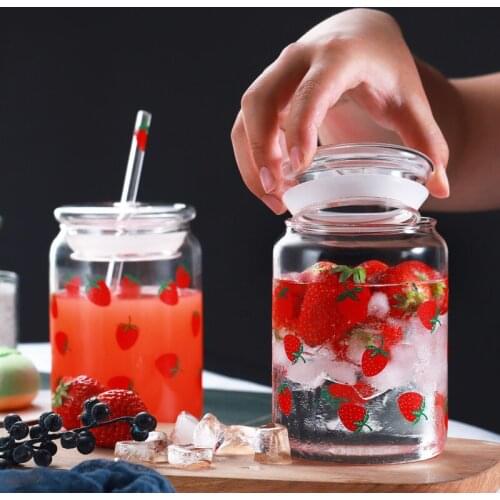 Glass water cup simple fresh and lovely girl strawberry large capacity heat-resistant cup with straw and lid