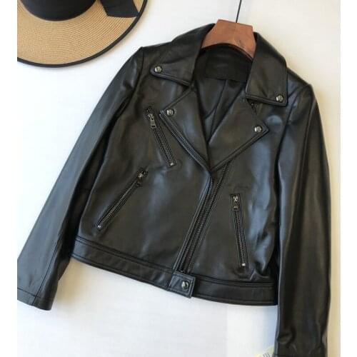Top Quality Slim Fit Ladies Fashion Real Sheepskin Coat Rivet Motorcycle Biker Jacket Coat For Women jaqueta feminina