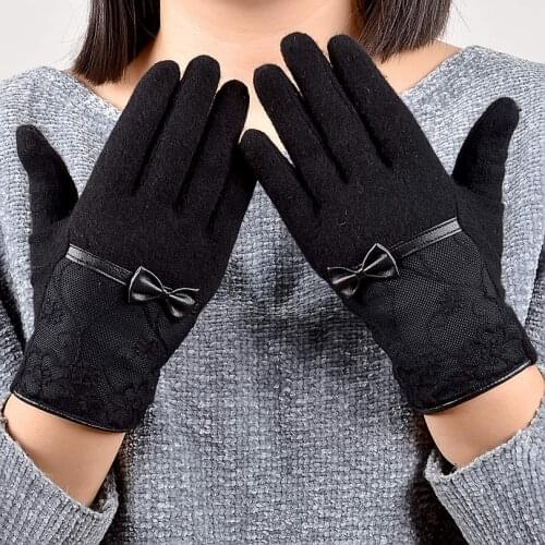 [BYSIFA] Decorous Black Women Wool Gloves Winter Thick Warm Gloves Sweet Lace Embroidery Pu Bow Tie Soft Ladies Mittens Gloves