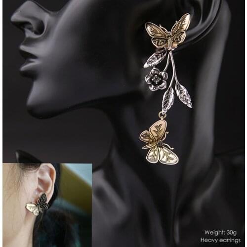 Fashion vintage Butterfly long earrings for women Retro antique metal flower stud earring Combination earrings