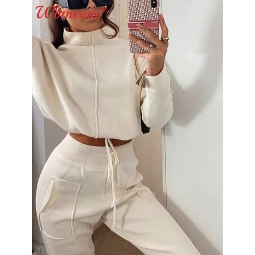 Turtleneck Cropped Pullovers Womens Tracksuit Suit Trousers Set 2021 Autumn Lace Up Pocket Sweatpants Sets Ladies Casual Cloth