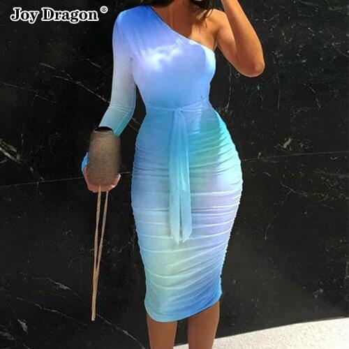 Women Dress Bodycon Middle Lace Up Print Package Hips Skinny Sexy Long Sleeve 2021 Casual Autumn Spring Off One Shoulder Dresses