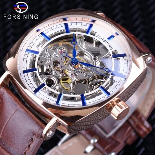 Forsining Brown Genuine Leather Fashion Blue Hands Design Square Case Mens Watch Top Brand Luxury Automatic Mechanical Watches