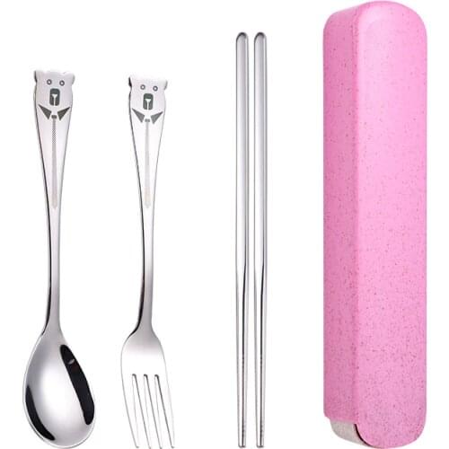 Children Cartoon Cutlery Cartoon Bear Stainless Steel Kids Tableware Set Dining Spoon Fork Chopstick Travel Dinner Set Gift Box