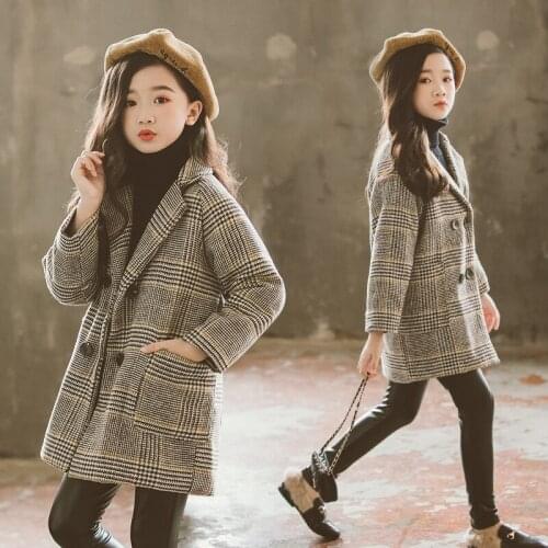 Girls' Long Cotton Jacket Thickened New Black and White Plaid Childrens Autumn Winter Coat Kids Jacket Coats 4-12 Ages