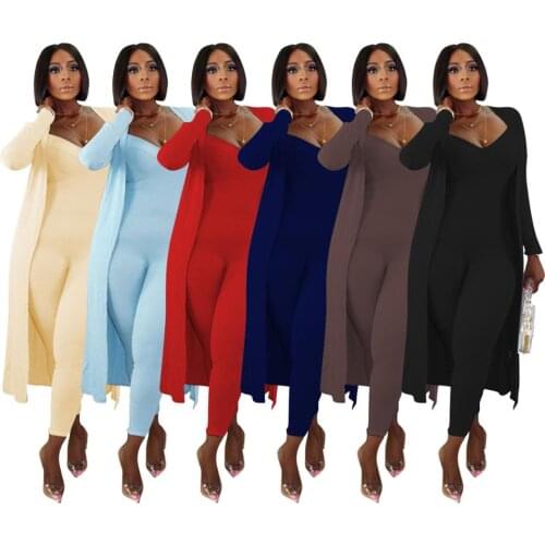 Elegant Women Two Pieces Sets for Casual Daily Fashion Solid Lady Skinny Spaghetti Jumpsuits with Long Sleeves Cardigan Party