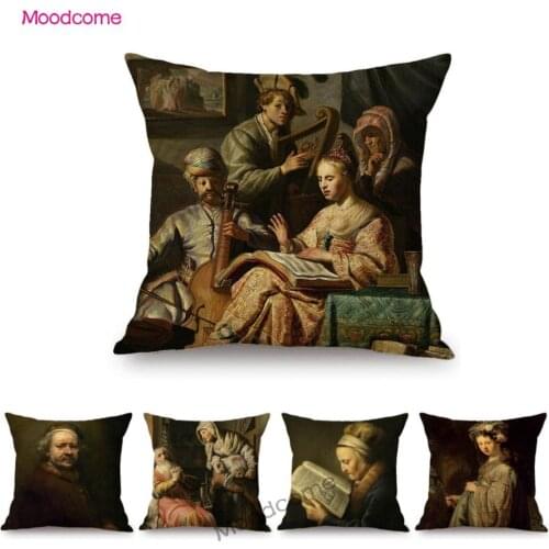 Netherlands Ancient Painter Master Rembrandt Self Portrait Famous Oil Painting Home Decorative Pillow Case Sofa Cushion Cover