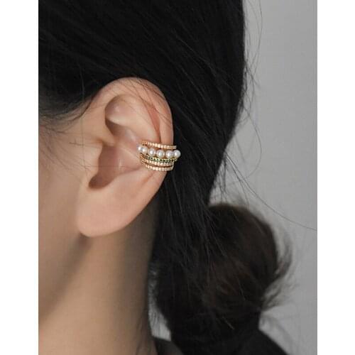 KISSLOVE Single Piece Multi Layer Pearl Clip Earrings Without Piercing CZ Stone Earrings for Women French Minimalist Ear Cuff