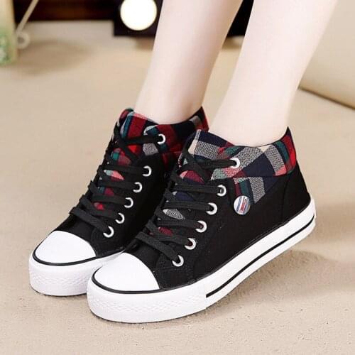 Womens Canvas High Top Sneakers Women Plaid Flat Shoes Breathable Lace Up Sneakers with Platform Zapatillas Mujer Casual Negras