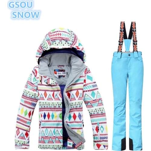GSOU SNOW High Quality Womens Winter Jackets Waterproof Windproof Snowboarding Suits Ski Suit Kit Jacket + Ski pants super warm