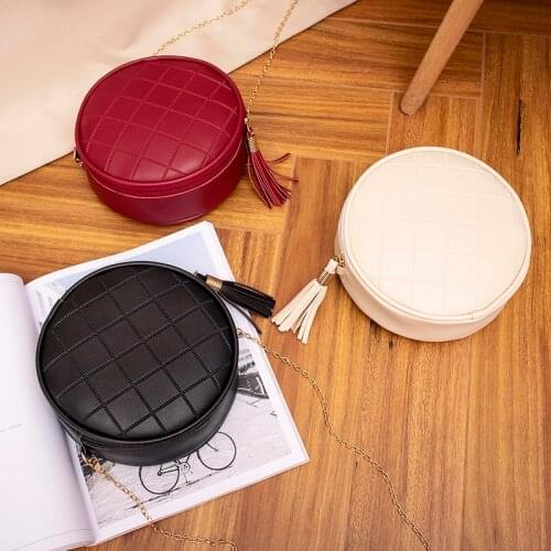 Fashion Women Solid Color Plaid Shoulder Bag Handbags Circle Purse Lady Round Tassel Crossbody Bags Satchel Purses Clutches