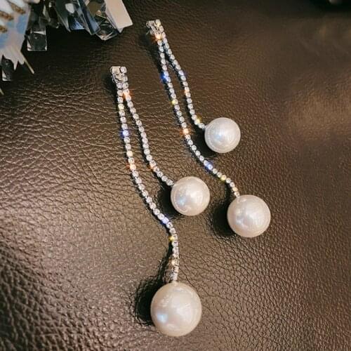 Exknl Fashion Long Tassel Drop Earrings Women Korean Wedding Big Simulated Pearl Shiny Crystal Earring Female Jewelry 2021