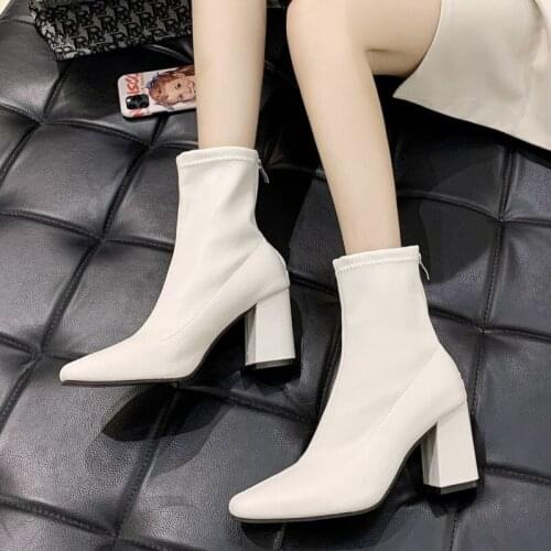 2021 New Fashion High Heels Boots White Sexy Pointed Toes Boots Ladies Black Autumn Slip On Elegant Ankle Boots For Women Shoes
