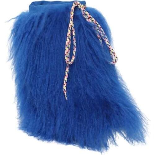 New Winter Warming Woman Fashion Blue Wool Fur Snow Boots Thick Platform Round Toe Height Increasing Wedge Lace Up Short Boots