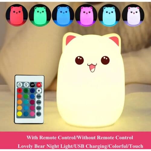 Touch Sensor Colorful Cat LED Night Light Remote Control RGB Silicone USB Rechargeable Bedroom Bedside Lamp for Children Baby