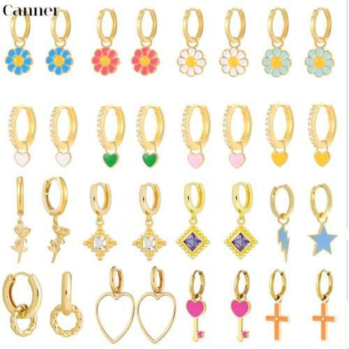 CANNER 925 Sterling Silver Enamel Smile Star Daisy Hoop Earrings Luxury Pendiente Spring Summer Jewelry For Women Wedding Gifts