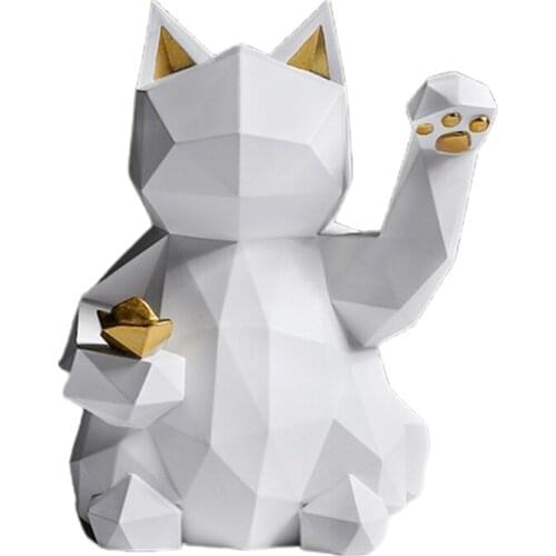 Nordic Creative Abstract Geometric Fortune Cat Figurines Statues Modern Art Animal Sculptures for Home Desk Decoration