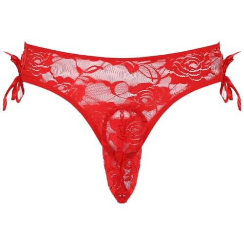 Mens See-through Floral Lace Underwear Bowknot Decor Bulge Pouch Panties Sissy Gay Briefs Low Waist Elastic Waistband Underpants