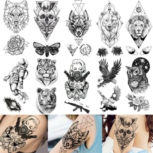 Realistic Masked Gangster Temporary Tattoos Wolf Body Art Weapon Tattoo Sticker AK Gun M416 AKM Sniper Rifle Death Skull Tatoos