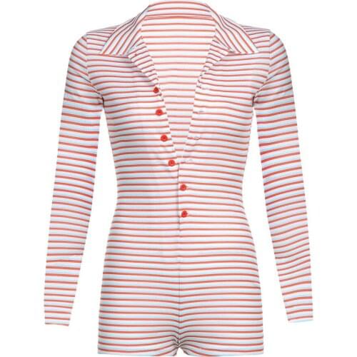 Women Striped Sports Playsuit Ladies Autumn Long Sleeve Lapel Neck Buttons Wrapped Slim Shorts Jumpsuits