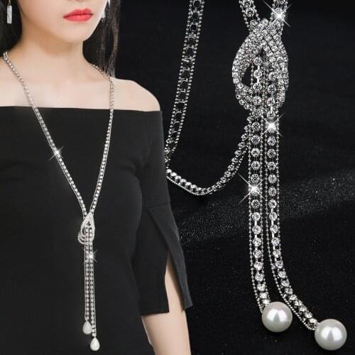 Autumn Winter Joker Long Necklace Women Graceful Tassel Rhinestone Pearl Sweater Chain Kpop Big Name Simple Neck Accessories