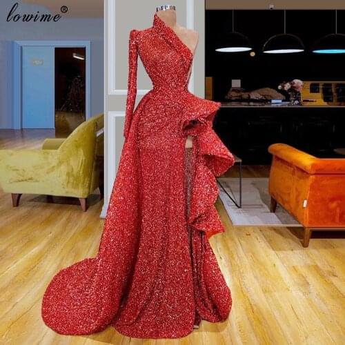 Abendkleider Dubai Red Muslim Evening Dresses Long One Shoulder Beads Prom Dresses Woman Party Night Mermaid Cocktail Gowns