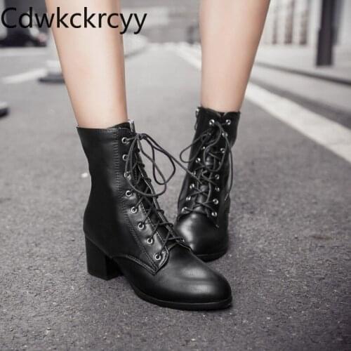 Winter The New fashion Round head Thick heel Martin boots black British style Plus velvet Keep warm High heel Women boots 34-45