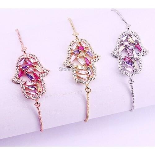 10Pcs Cubic Zirconia Crystal Micro Pave Hamsa Hand Colorful CZ Connector with Adjustable Slider Chain Bracelets