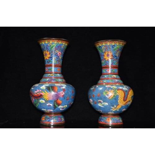 11"Chinese Folk Collection Old Bronze Cloisonne Enamel Dragon and phoenix pattern vase A pair Office Ornaments
