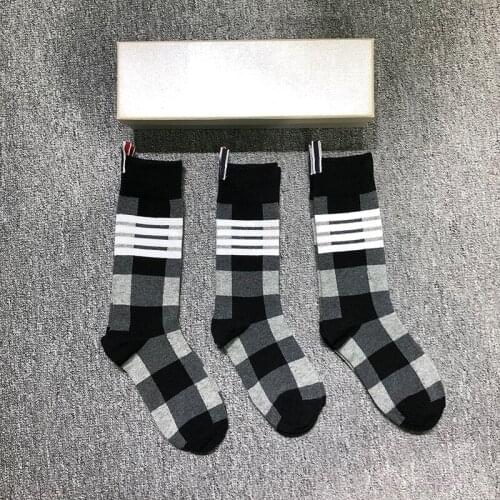 2021 Fashion Brand Men Women Cotton Striped Plaid Casual Crew Hip Hop Medium Socks Ins 3 Pairs