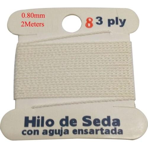 2M Long Dia 0.8mm 3 PLY White 100% Natural Silk Beading Cord with Needle