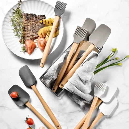 Household Wooden Handle Silicone Spatula Oil Brush Set, Baking Tool 3-piece Cream Scraper