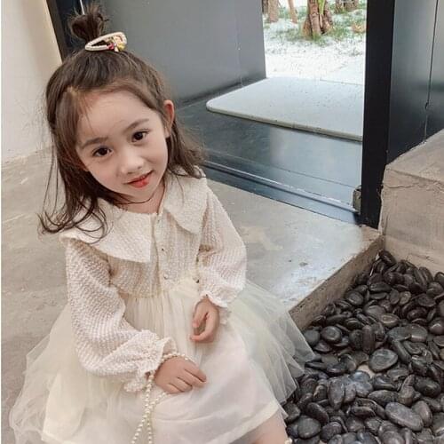 Girls' Elegant Mesh Stitching Dress Spring And Autumn New Childrens Long-Sleeve Doll Collar Sweet Princess Dresses WTA23